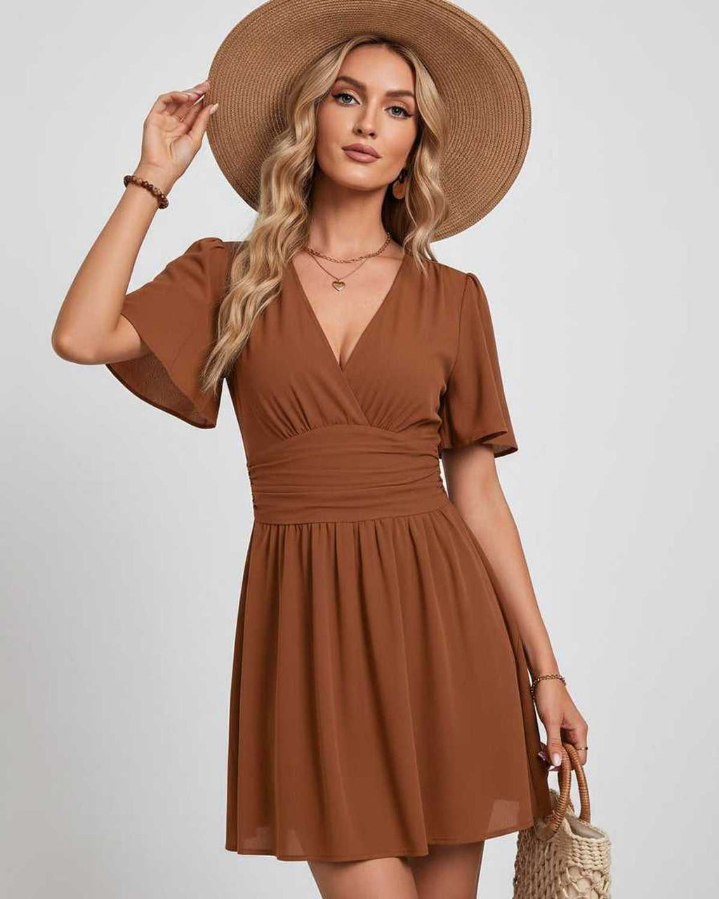 Calista Mini Dress by Lauven — chiffon ruffled short sleeve V-neck A-line mini dress