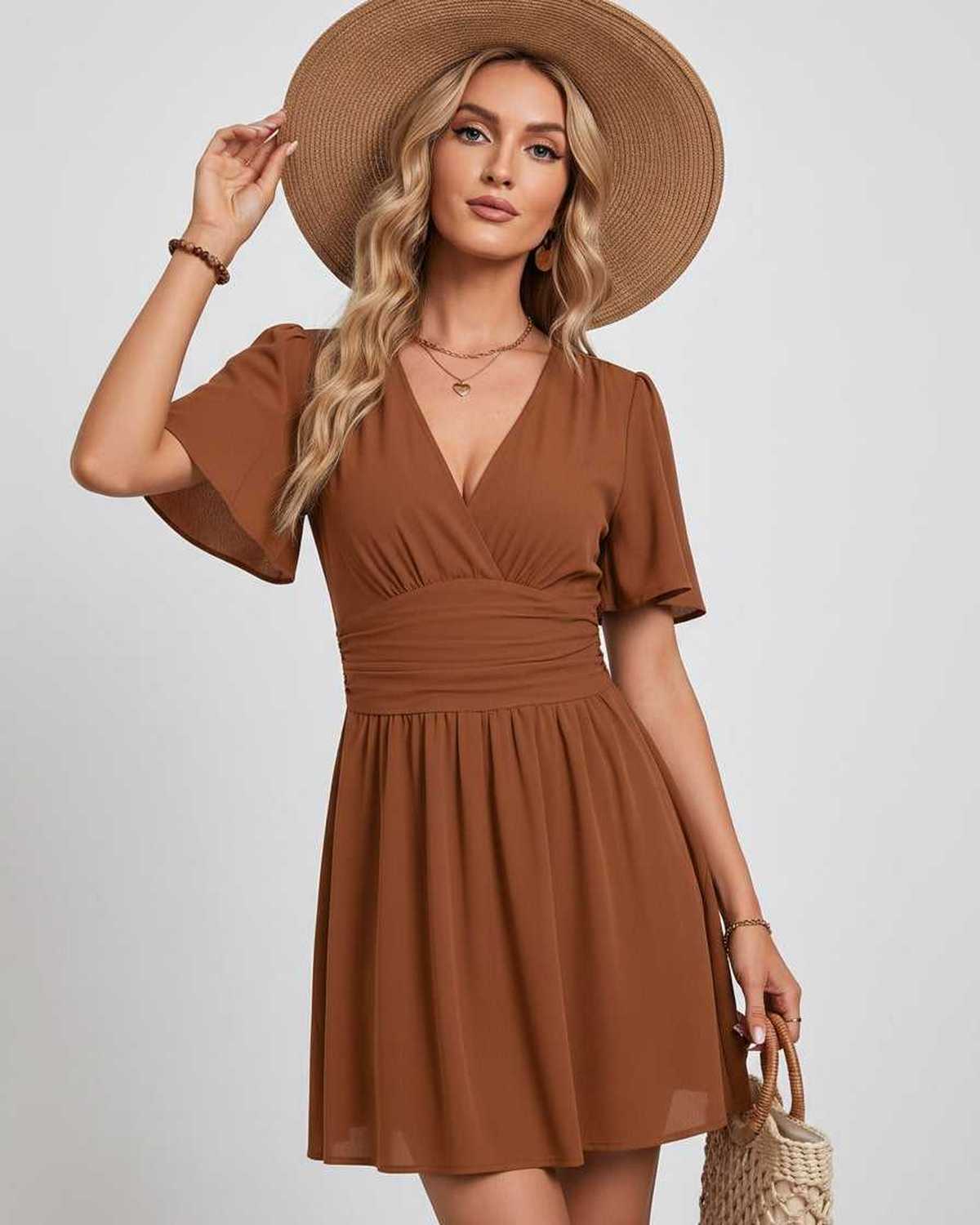 Calista Mini Dress by Lauven — chiffon ruffled short sleeve V-neck A-line mini dress