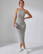 Lunara Midi Dress by Lauven — ribbed knit sleeveless crew neck slim-fit midi dress