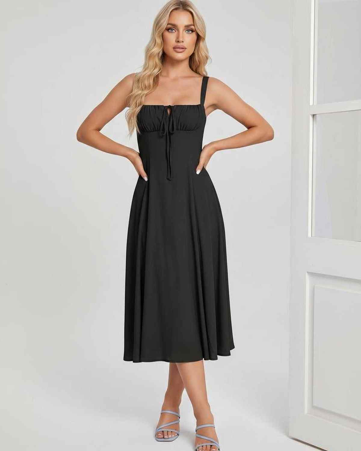 Serelune Midi Dress by Lauven — lightweight sleeveless square neck A-line midi dress