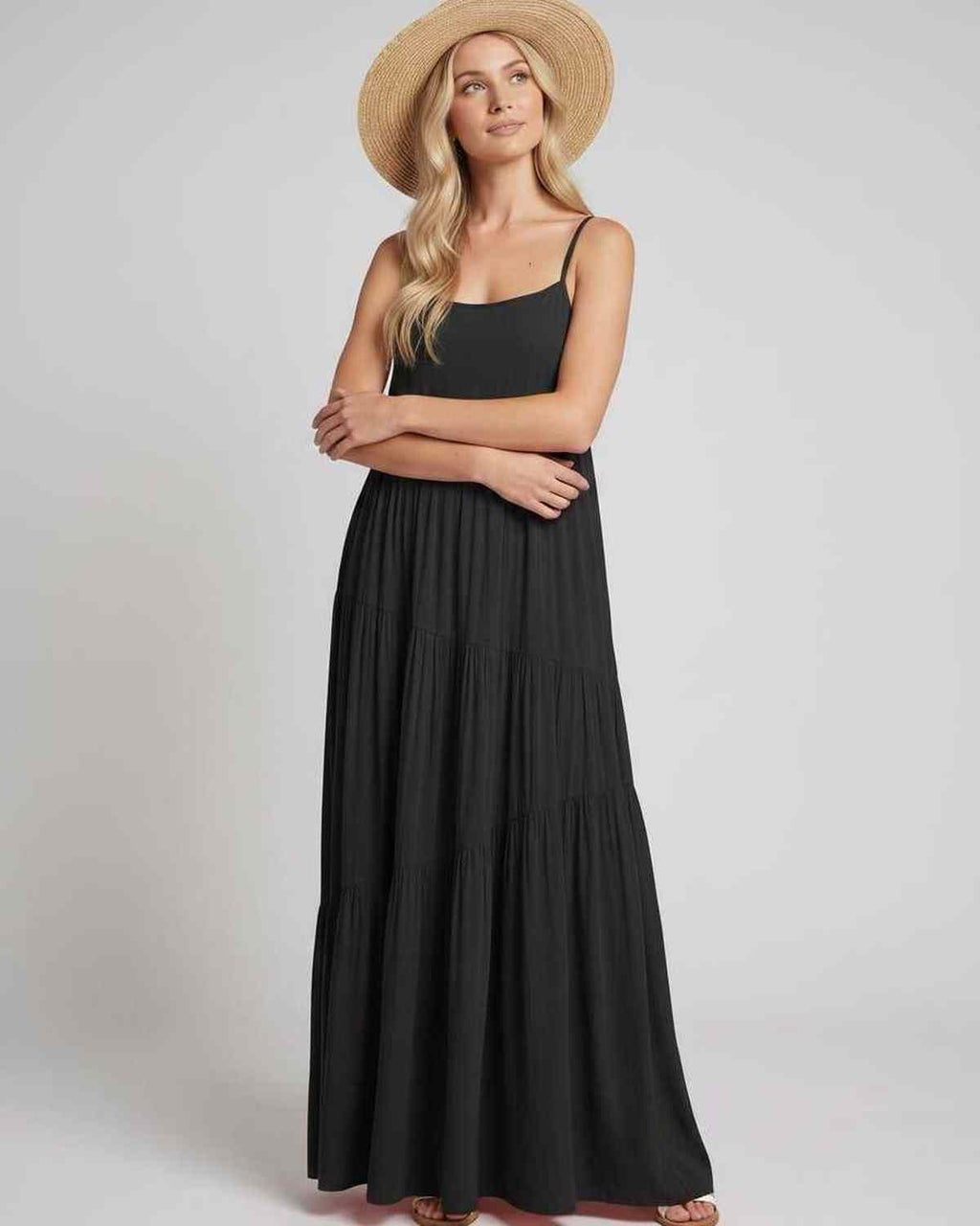 Solenne Maxi Dress by Lauven — rayon blend sleeveless scoop neck tiered A-line maxi dress
