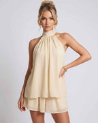 Celestia Mini Dress by Lauven — chiffon sleeveless halter neck mini dress