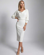 Serene Midi Dress by Lauven — knit batwing sleeve cowl neck fitted midi dress