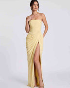 Seraphine Maxi Dress by Lauven — chiffon strapless pleated high slit maxi dress