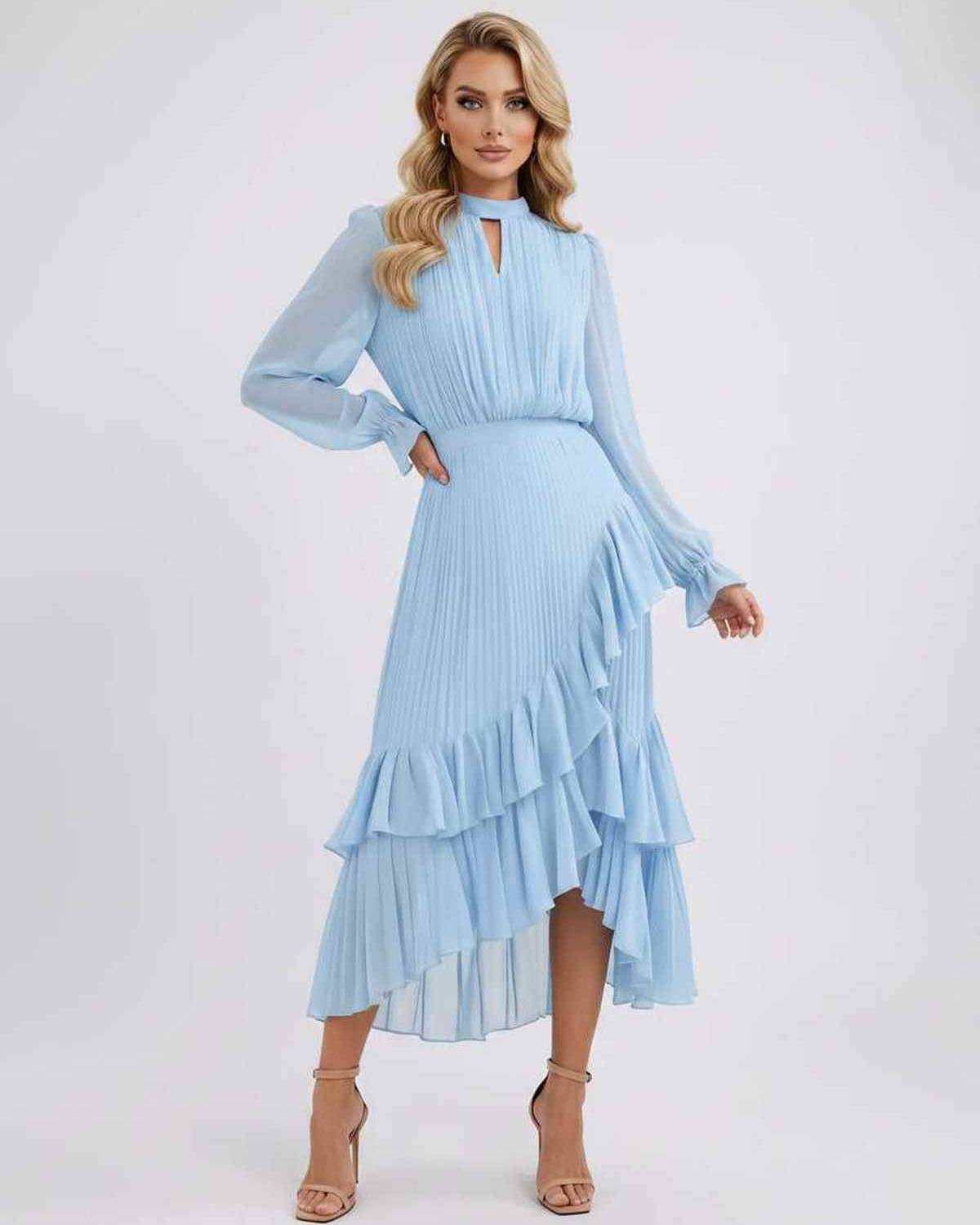 Celestia Maxi Dress by Lauven — chiffon long sleeve high neck A-line maxi dress