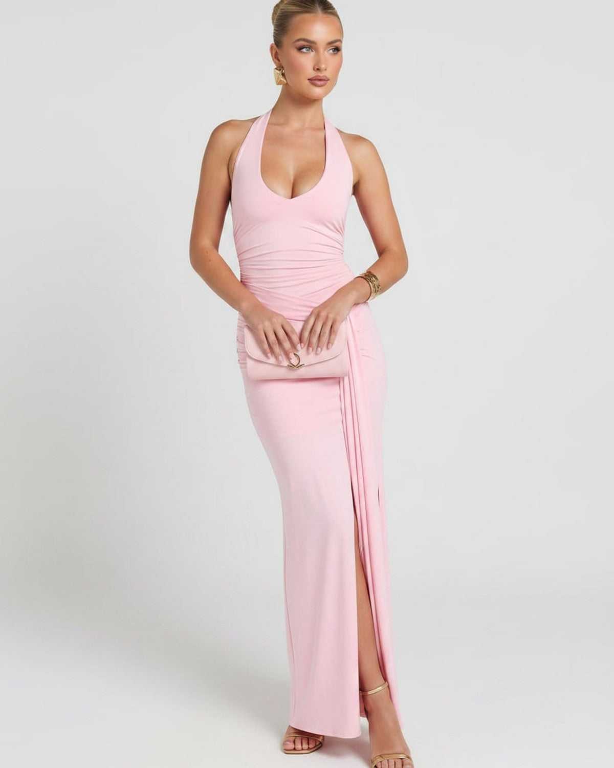 Solvienne Maxi Dress by Lauven — stretch sleeveless deep V-neck ruched maxi dress