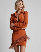 Veloura Mini Dress by Lauven — suede leather long sleeve turn-down collar ruched mini dress
