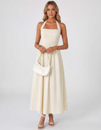 Veloura Midi Dress by Lauven — satin blend sleeveless square neck A-line midi dress