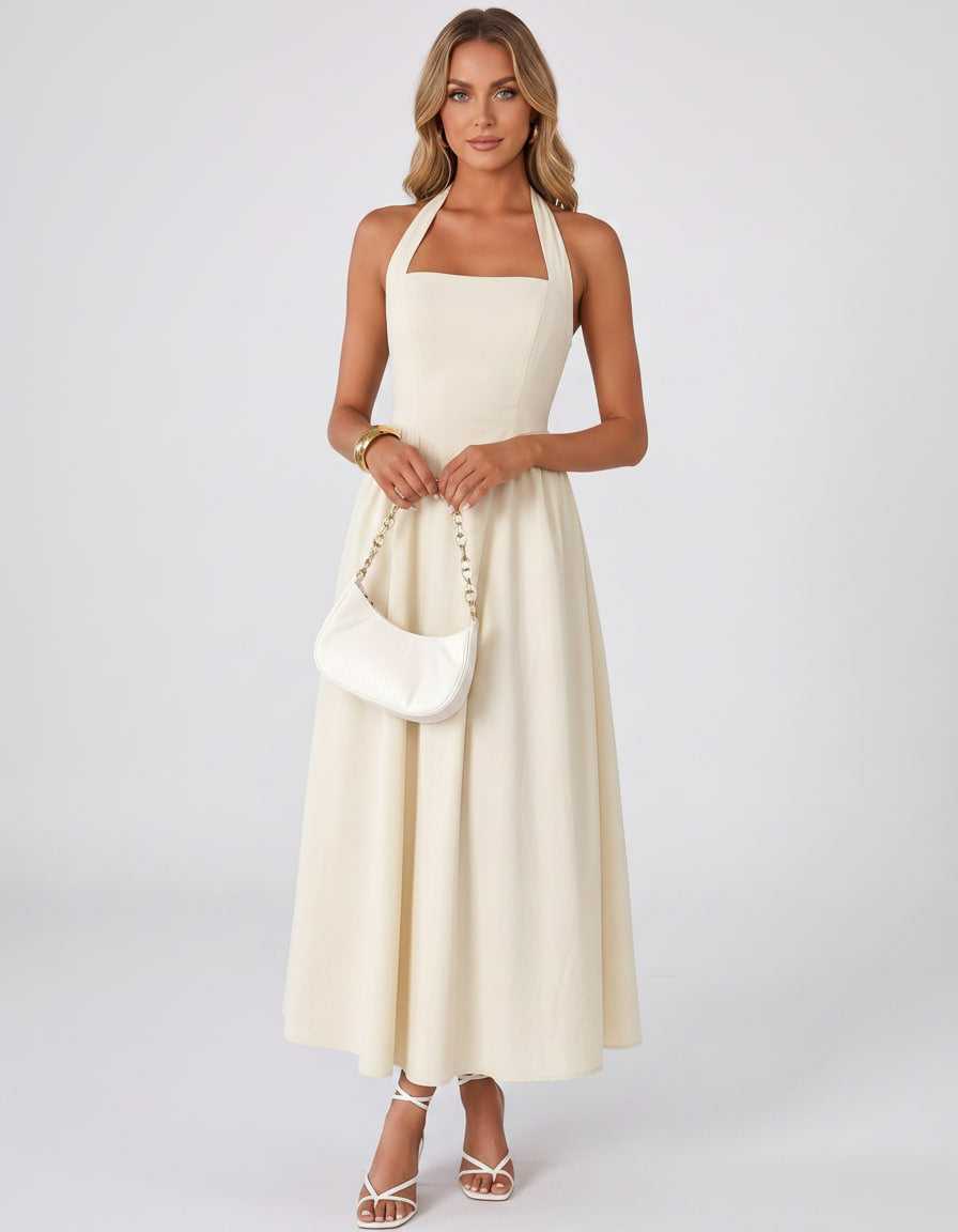 Veloura Midi Dress by Lauven — satin blend sleeveless square neck A-line midi dress