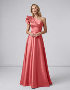 Aurevina Maxi Dress by Lauven — satin one shoulder A-line maxi dress with ruffle detail