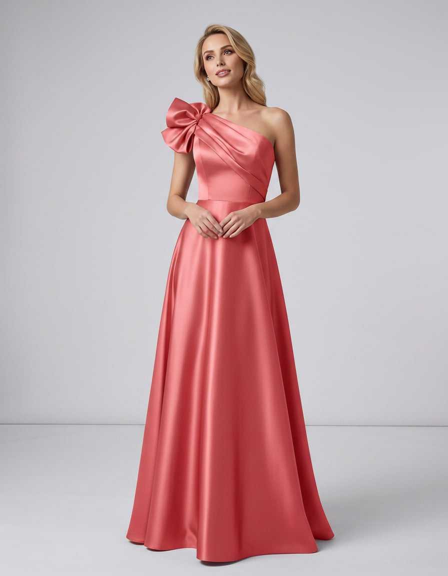 Aurevina Maxi Dress by Lauven — satin one shoulder A-line maxi dress with ruffle detail