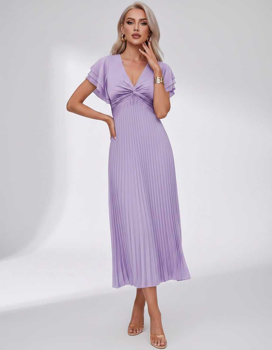 Veloura Midi Dress by Lauven — pleated chiffon flutter sleeve V-neck A-line midi dress