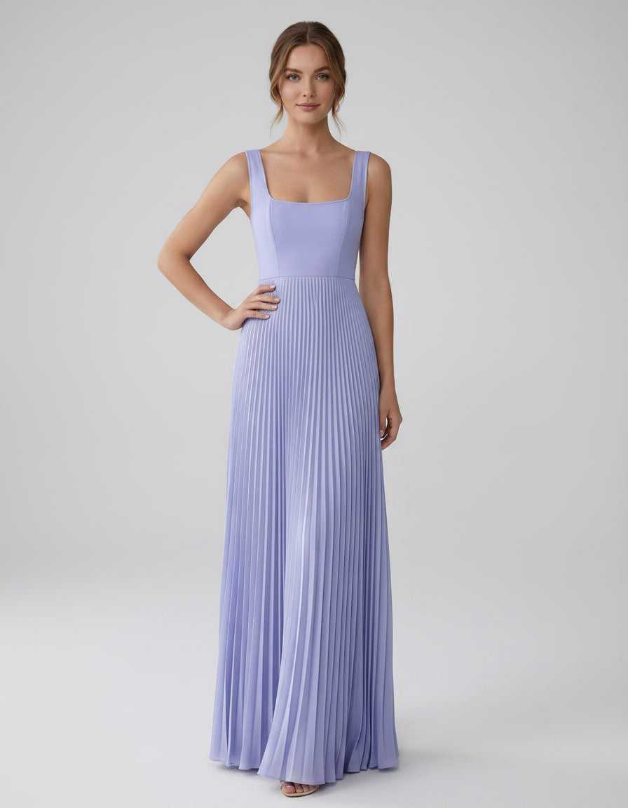 Veloura Maxi Dress by Lauven — satin chiffon sleeveless square neck pleated A-line maxi dress