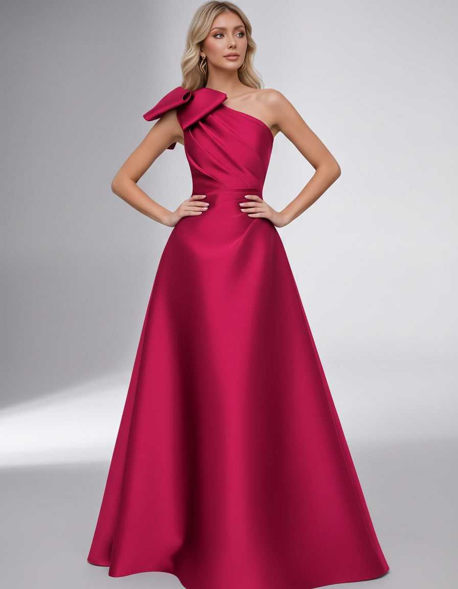 Celestia Maxi Dress by Lauven — satin one shoulder A-line maxi dress with bow