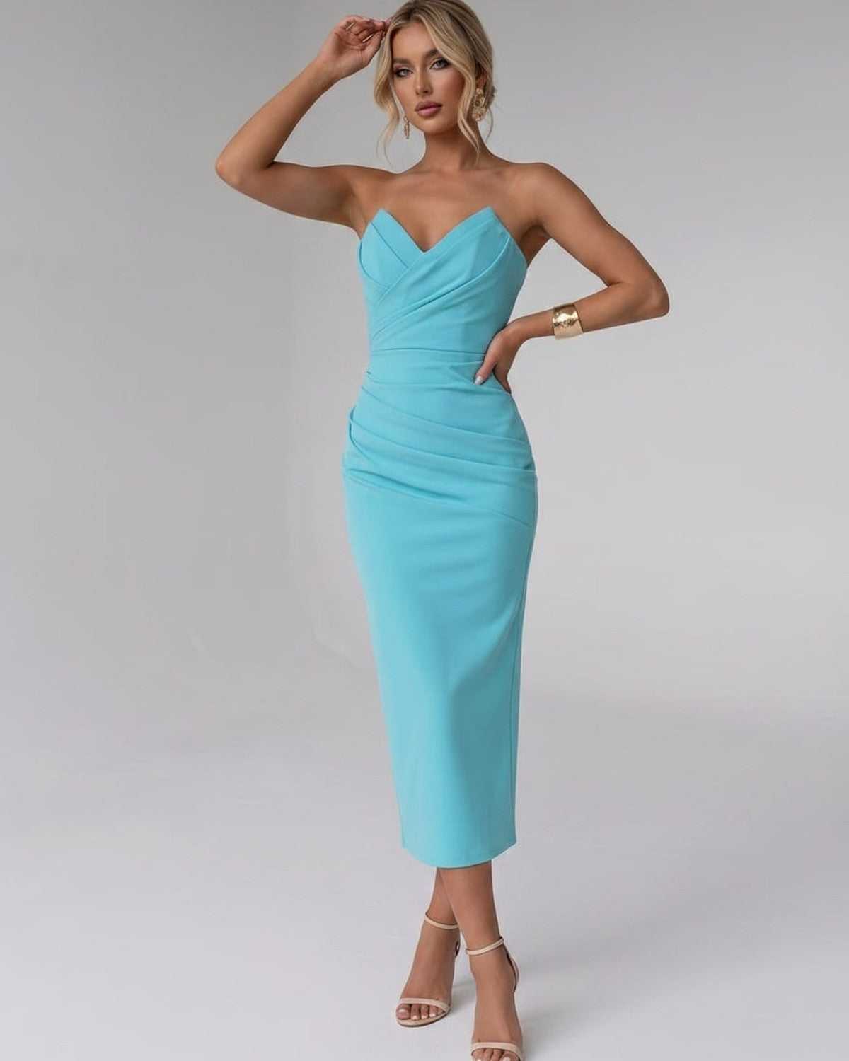 Serelle Midi Dress by Lauven — smooth stretch strapless sweetheart neck fitted midi dress