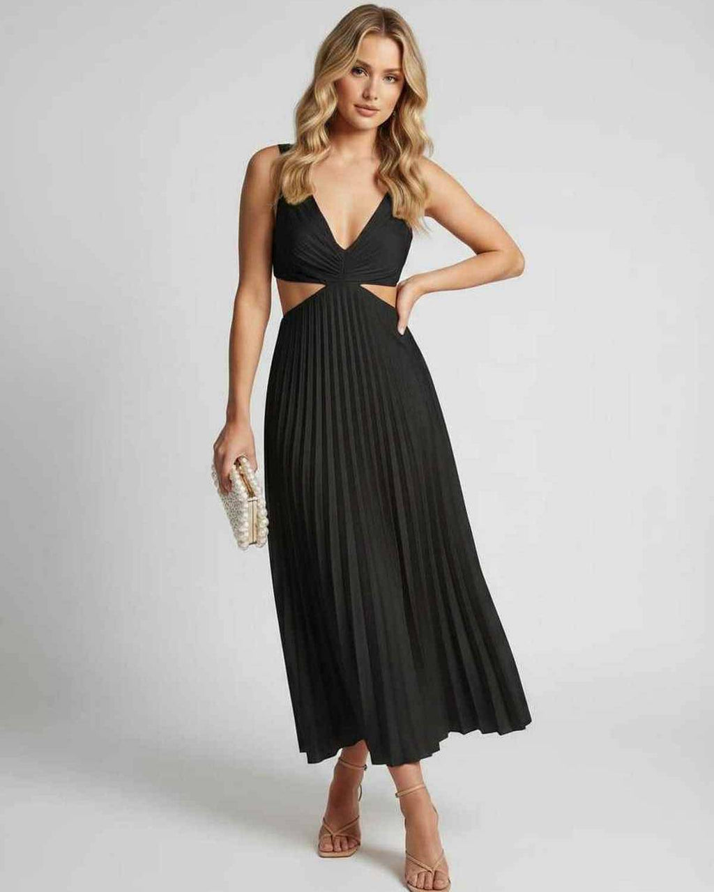 Lunara Midi Dress by Lauven — satin sleeveless V-neck flowing pleated midi dress