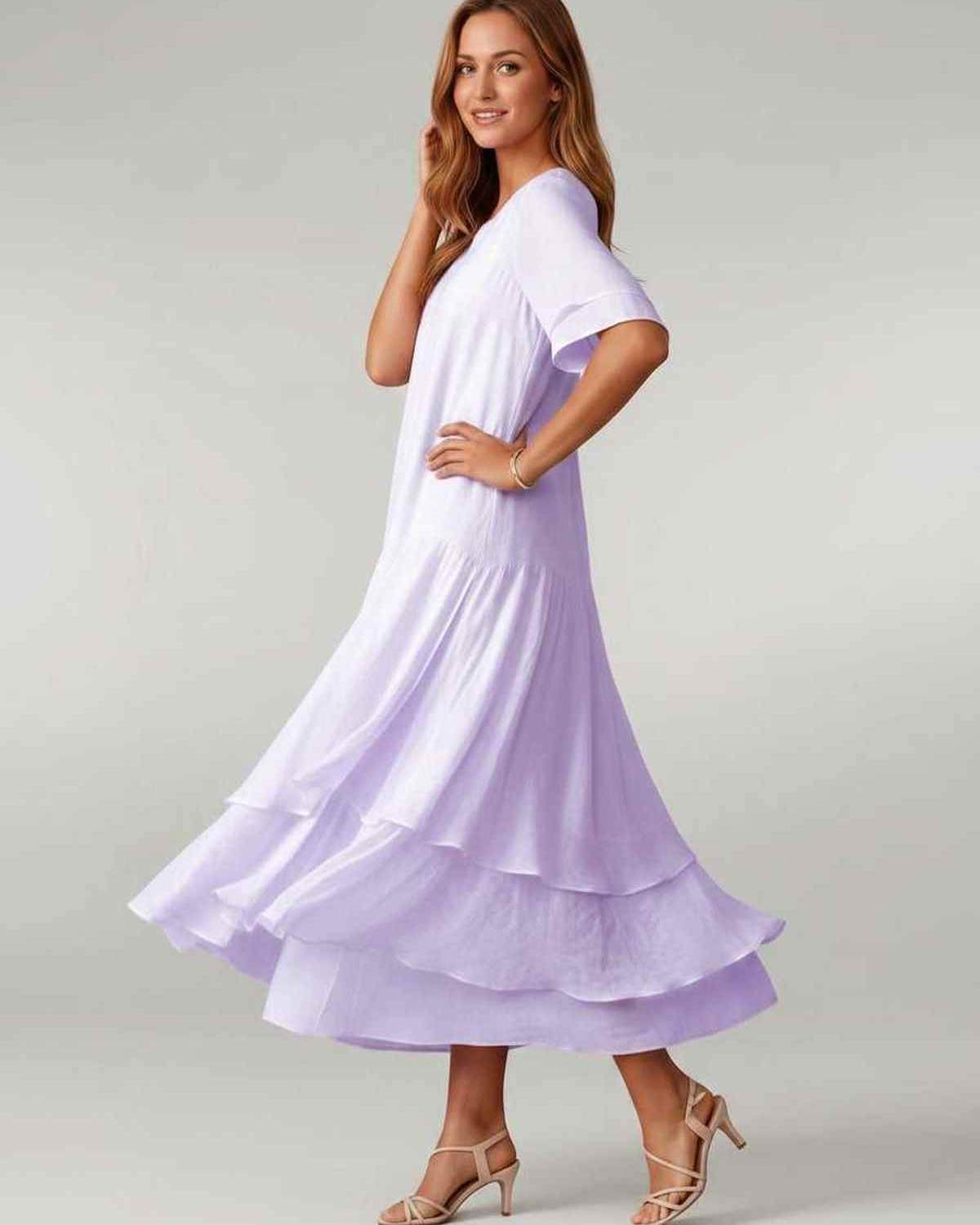 Aurelia Midi Dress by Lauven — lightweight short sleeve round neck layered midi dress