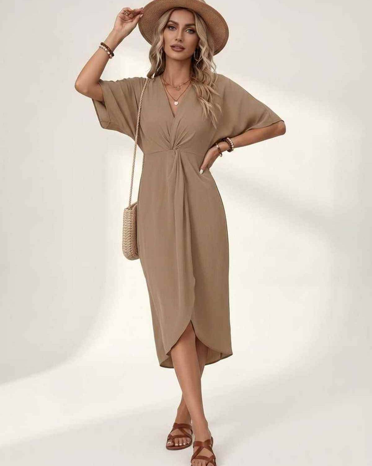 Elara Midi Dress by Lauven — premium short sleeve V-neck wrap style midi dress