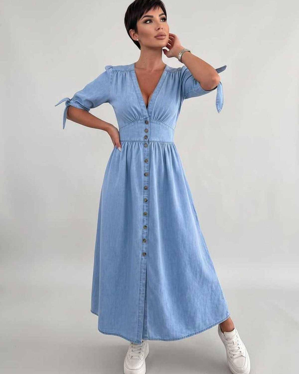 Eloria Midi Dress by Lauven — lightweight mid sleeve V-neck button front fit and flare midi dress