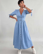 Eloria Midi Dress by Lauven — lightweight mid sleeve V-neck button front fit and flare midi dress