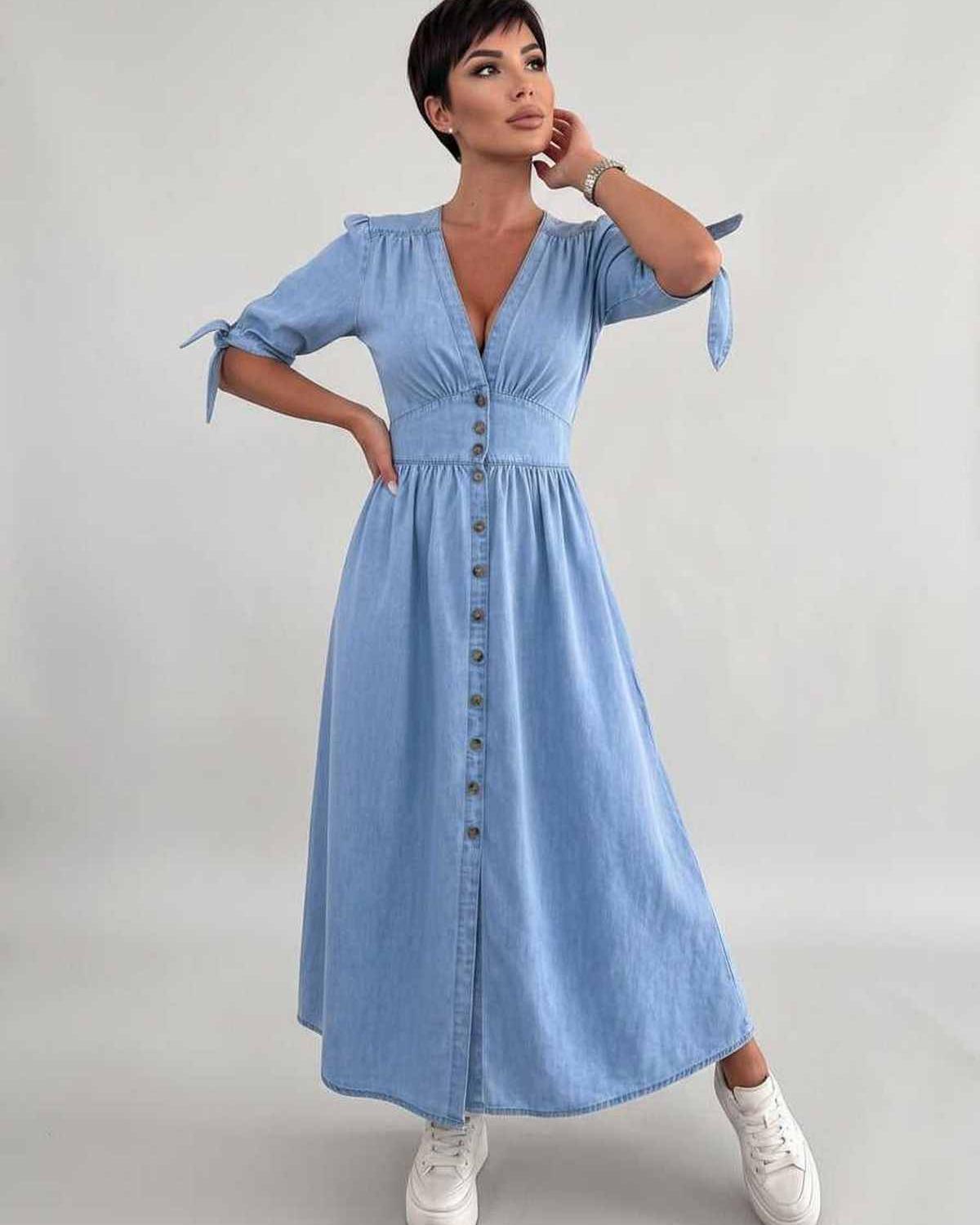Eloria Midi Dress by Lauven — lightweight mid sleeve V-neck button front fit and flare midi dress