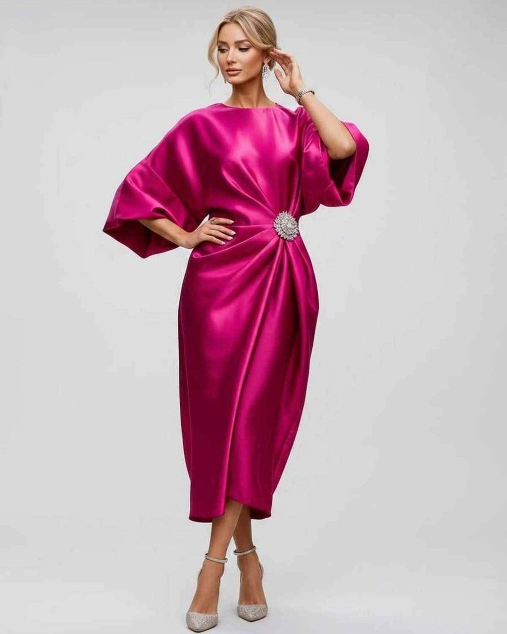 Seralyn Midi Dress by Lauven — satin kimono sleeve boat neck draped midi dress