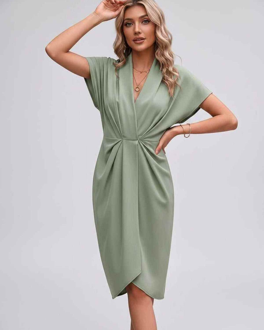 Veloura Midi Dress by Lauven — satin cap sleeve V-neck draped midi dress
