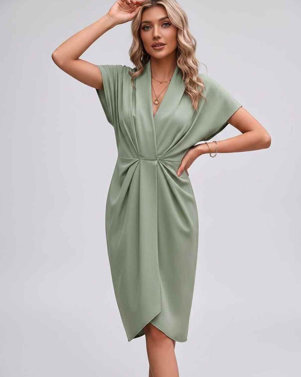 Veloura Midi Dress by Lauven — satin cap sleeve V-neck draped midi dress