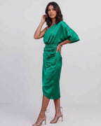 Veloura Midi Dress by Lauven — satin one shoulder draped midi dress with slit