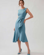 Serelune Midi Dress by Lauven — sleeveless satin midi dress with ruffle detail and fit flare silhouette