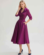 Serelune Midi Dress by Lauven — satin blend 3/4 sleeve V-neck A-line midi dress