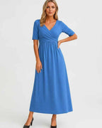 Velmira Midi Dress by Lauven — soft stretch short sleeve V-neck A-line midi dress