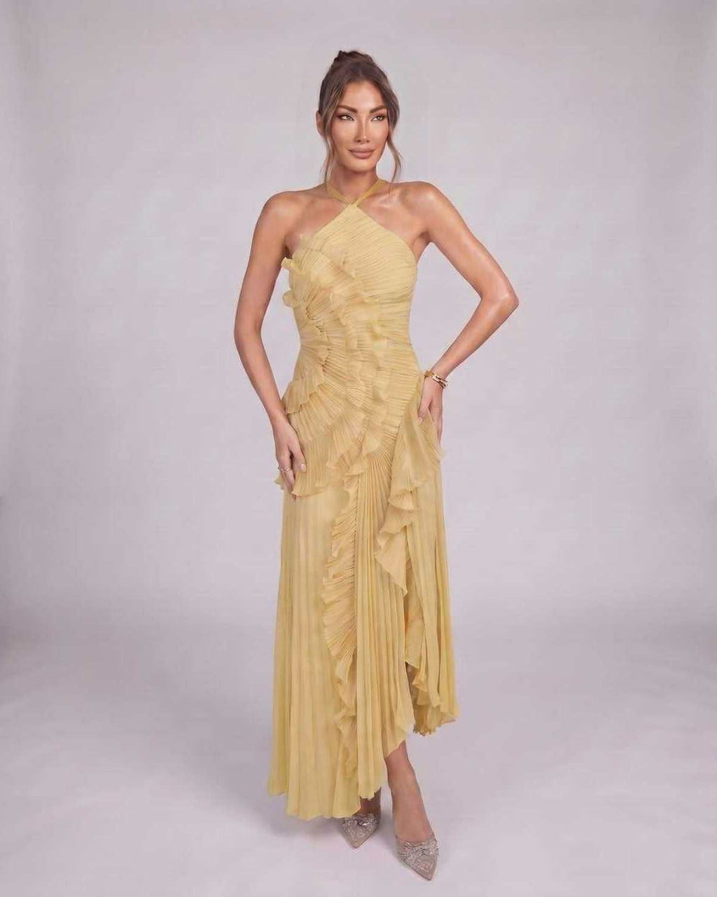 Valerise Maxi Dress by Lauven — chiffon sleeveless halter asymmetrical maxi dress