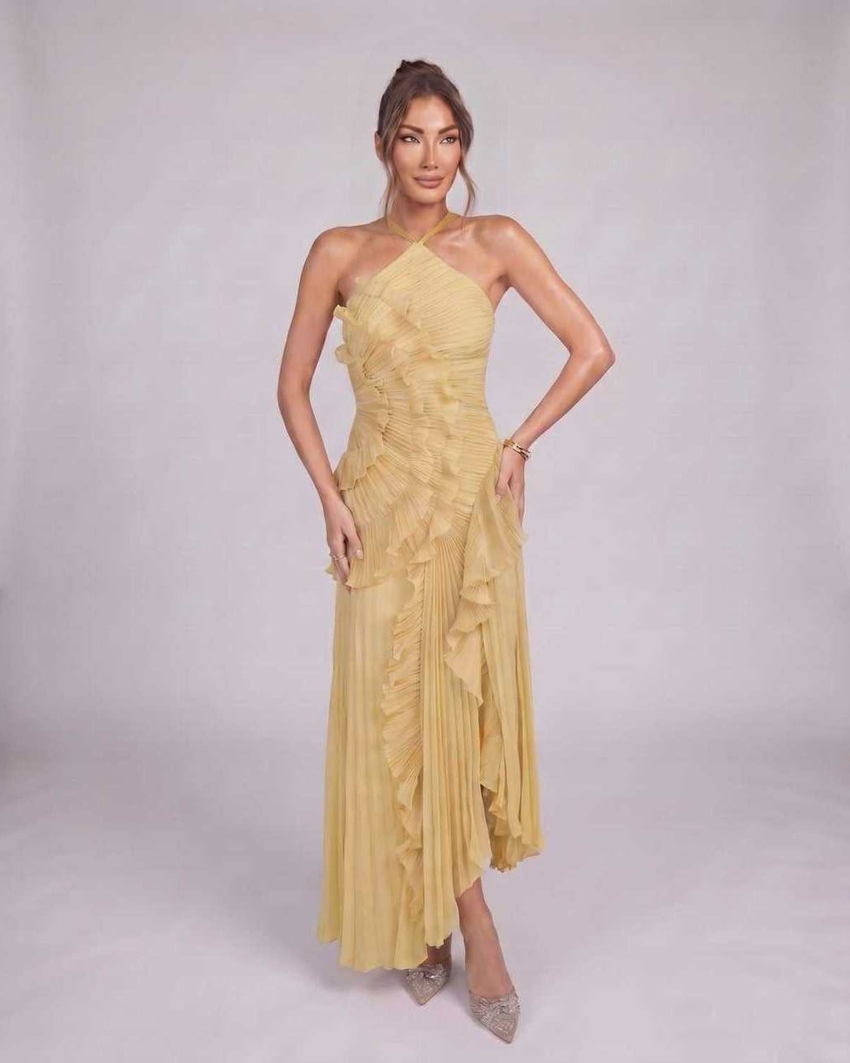 Valerise Maxi Dress by Lauven — chiffon sleeveless halter asymmetrical maxi dress