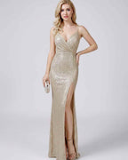 Celeste Maxi Dress by Lauven — sequin sleeveless V-neck mermaid maxi dress with spaghetti straps and front slit
