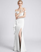 Veloura Maxi Dress by Lauven — polyester spandex off-the-shoulder mermaid maxi dress with slit