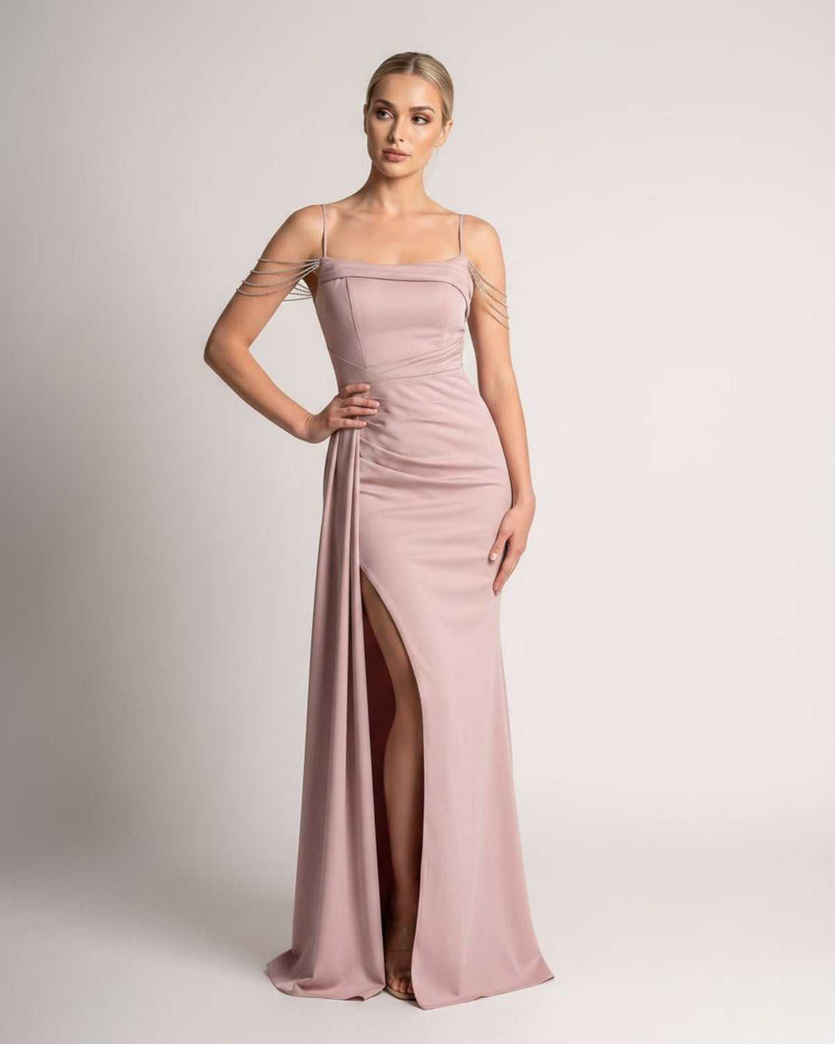 Celestia Maxi Dress by Lauven — polyester spaghetti strap mermaid maxi dress with beading and split