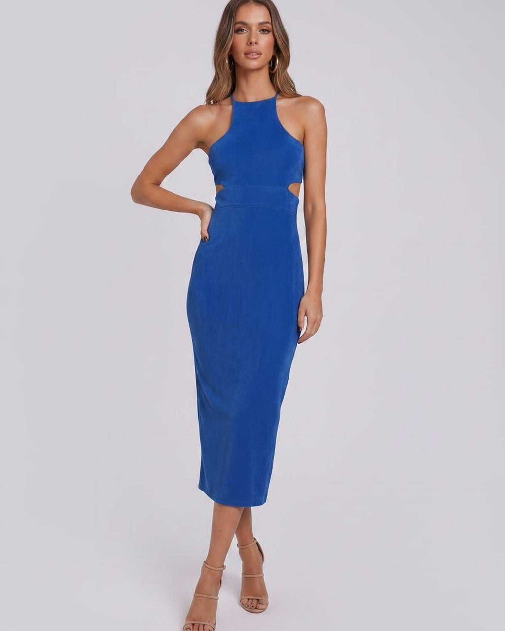 Sable Midi Dress by Lauven — suede-touch polyester blend sleeveless crew neck slim midi dress