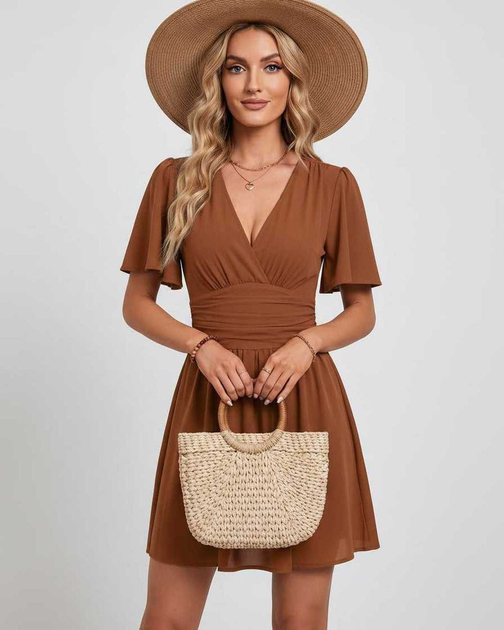 Calista Mini Dress by Lauven — chiffon ruffled short sleeve V-neck A-line mini dress