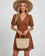 Calista Mini Dress by Lauven — chiffon ruffled short sleeve V-neck A-line mini dress