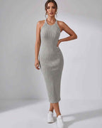 Lunara Midi Dress by Lauven — ribbed knit sleeveless crew neck slim-fit midi dress
