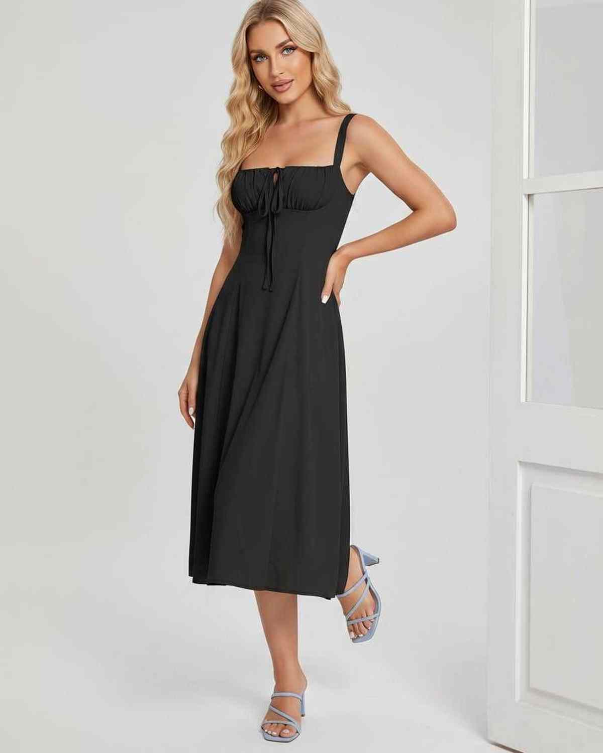 Serelune Midi Dress by Lauven — lightweight sleeveless square neck A-line midi dress