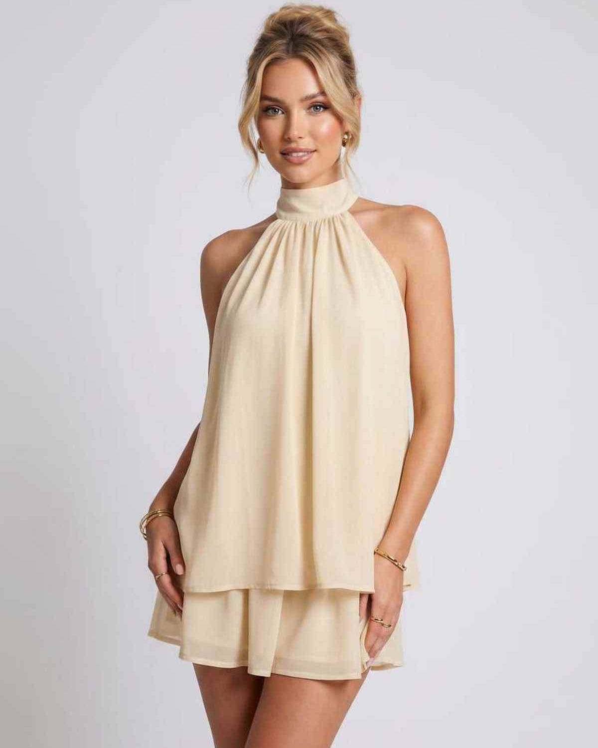 Celestia Mini Dress by Lauven — chiffon sleeveless halter neck mini dress
