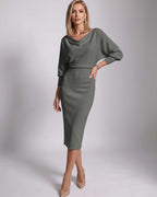 Serene Midi Dress by Lauven — knit batwing sleeve cowl neck fitted midi dress