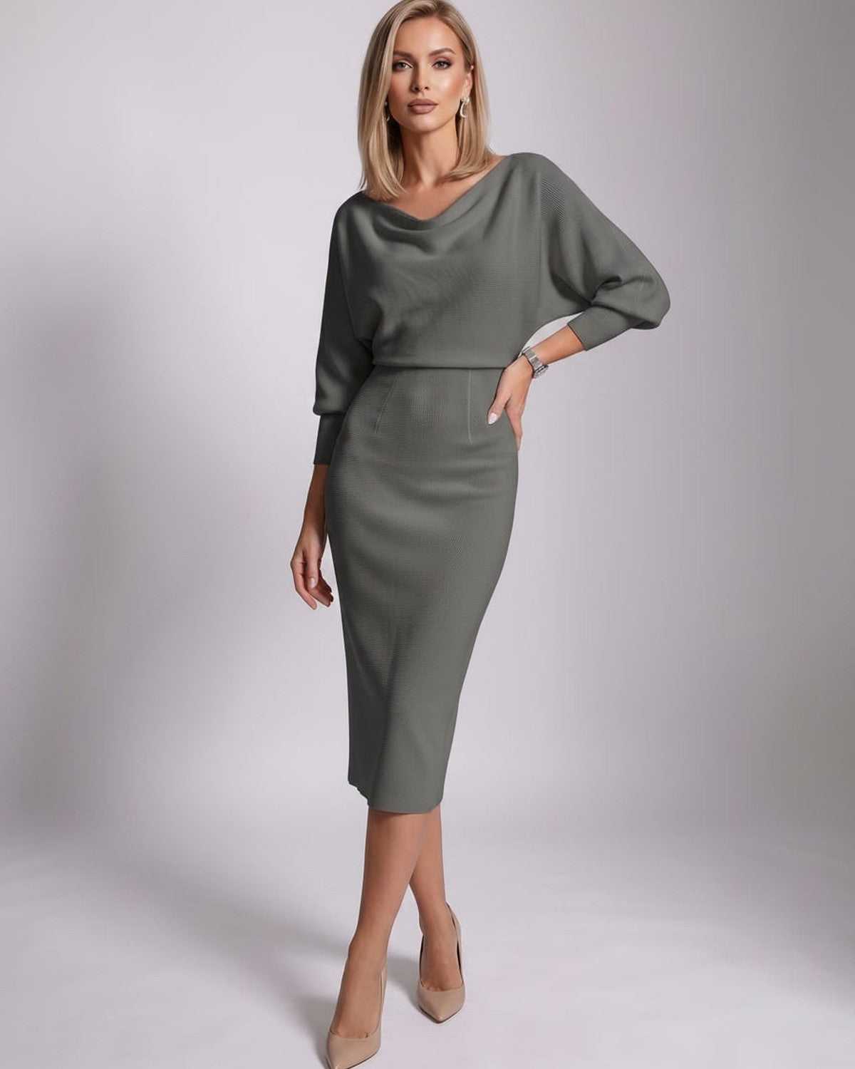 Serene Midi Dress by Lauven — knit batwing sleeve cowl neck fitted midi dress