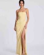 Seraphine Maxi Dress by Lauven — chiffon strapless pleated high slit maxi dress
