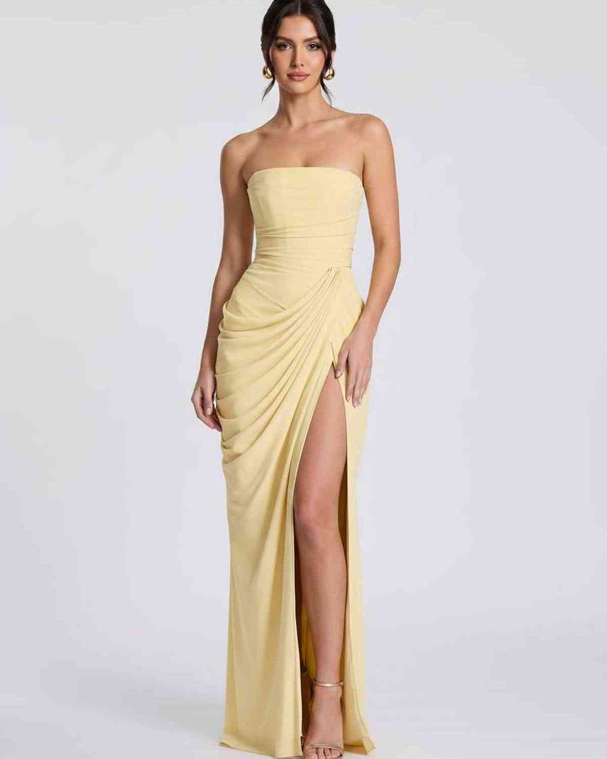 Seraphine Maxi Dress by Lauven — chiffon strapless pleated high slit maxi dress