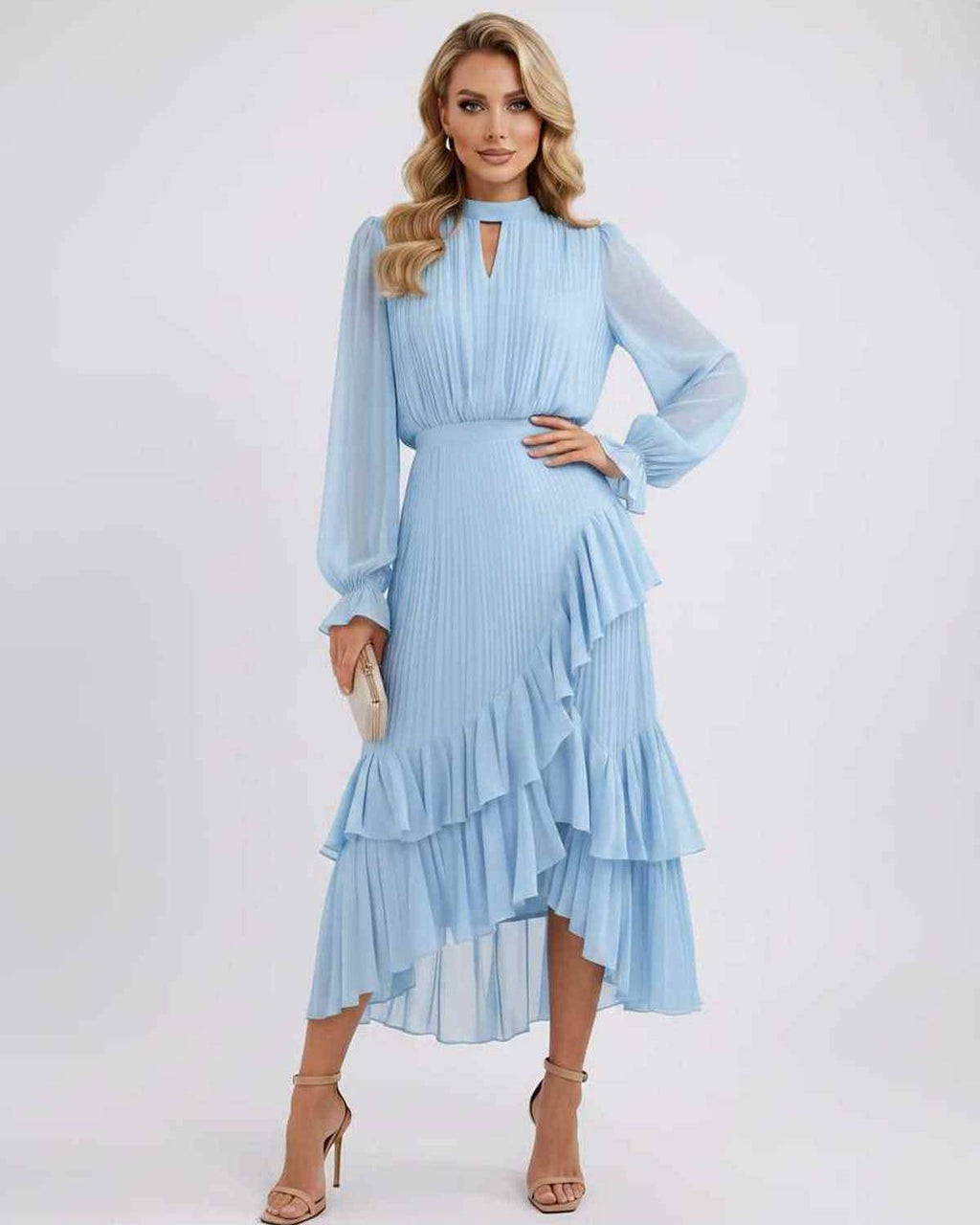 Celestia Maxi Dress by Lauven — chiffon long sleeve high neck A-line maxi dress