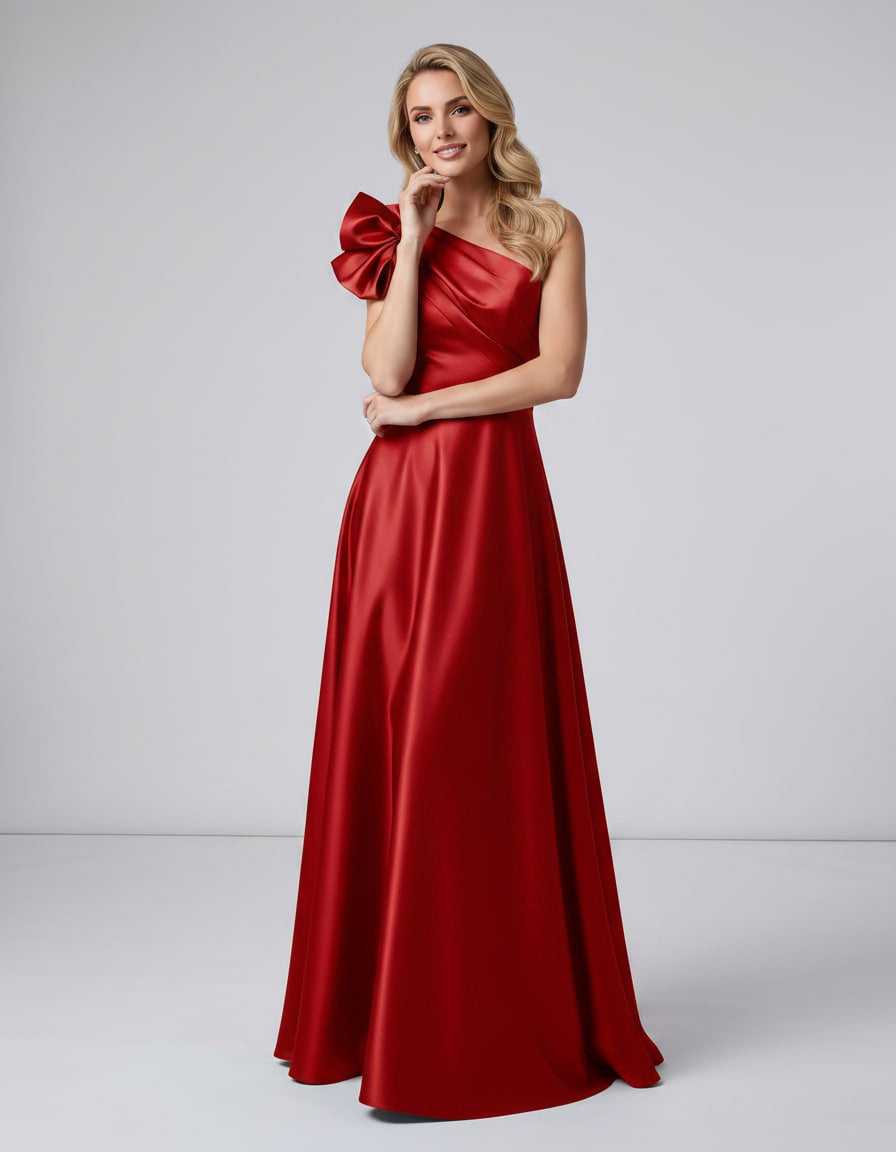Aurevina Maxi Dress by Lauven — satin one shoulder A-line maxi dress with ruffle detail