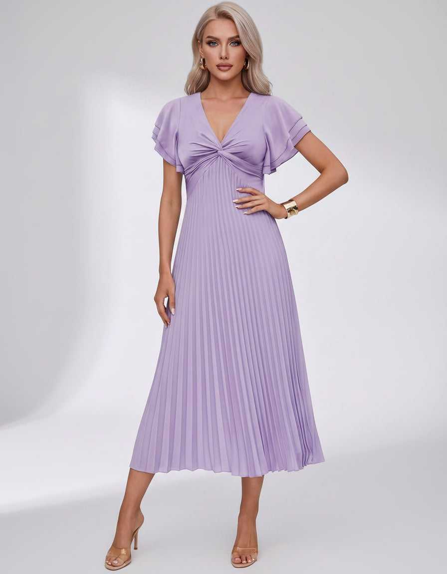 Veloura Midi Dress by Lauven — pleated chiffon flutter sleeve V-neck A-line midi dress
